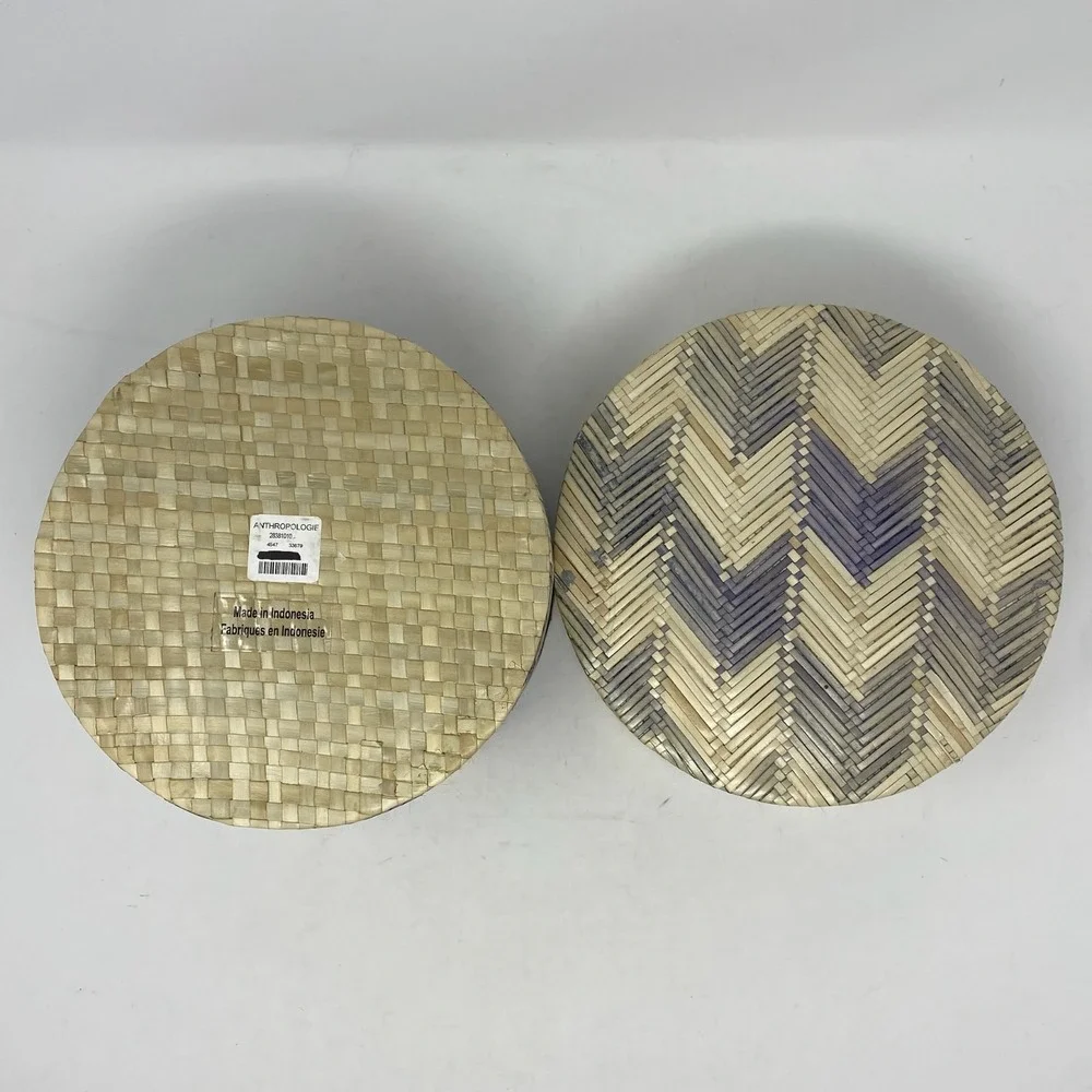 Anthropologie Woven Container Round‎ Bamboo Lid Blue Chevron Stripe Indonesia